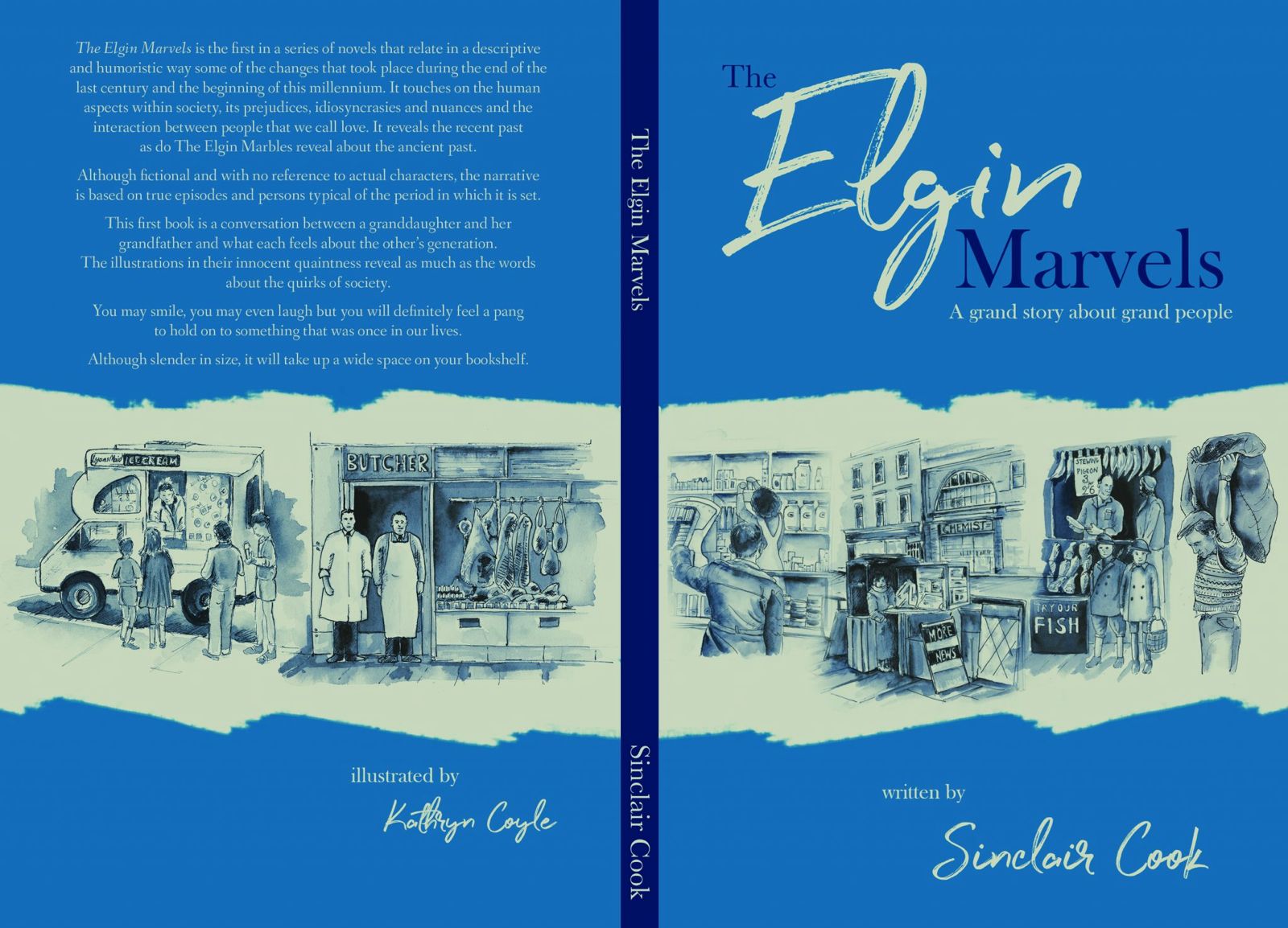The Elgin Marvels book cover - A grand story about grand people, featuring watercolor illustrations of a British high street with shops