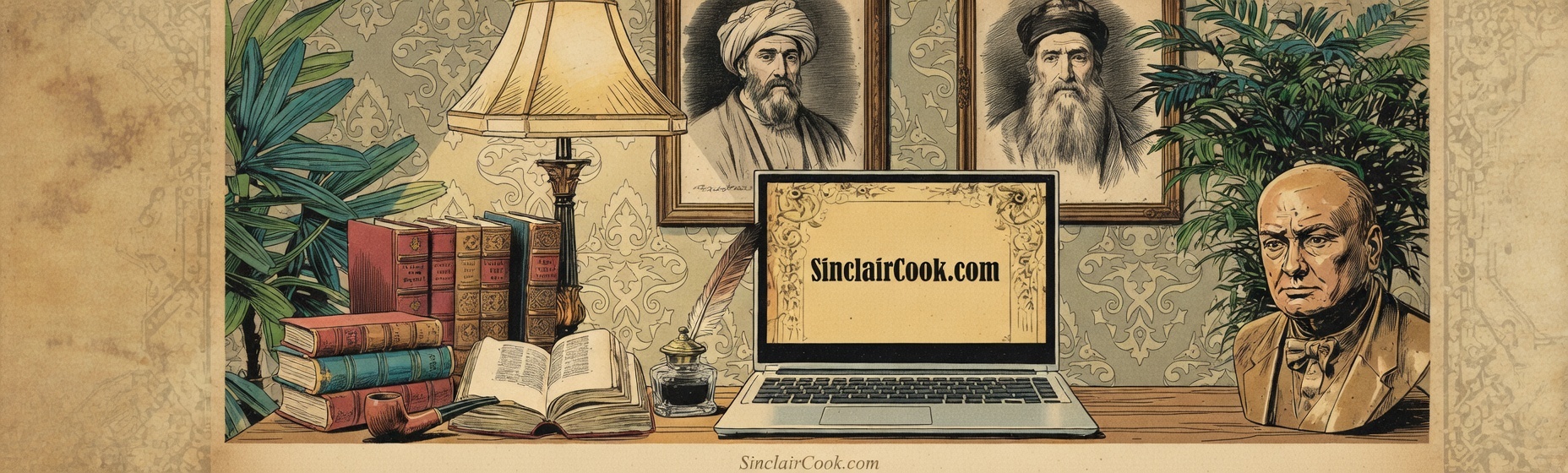 A scholarly desk scene with antique books, an inkwell with quill, vintage lamp, and a laptop displaying SinclairCook.com, surrounded by portraits of philosophers